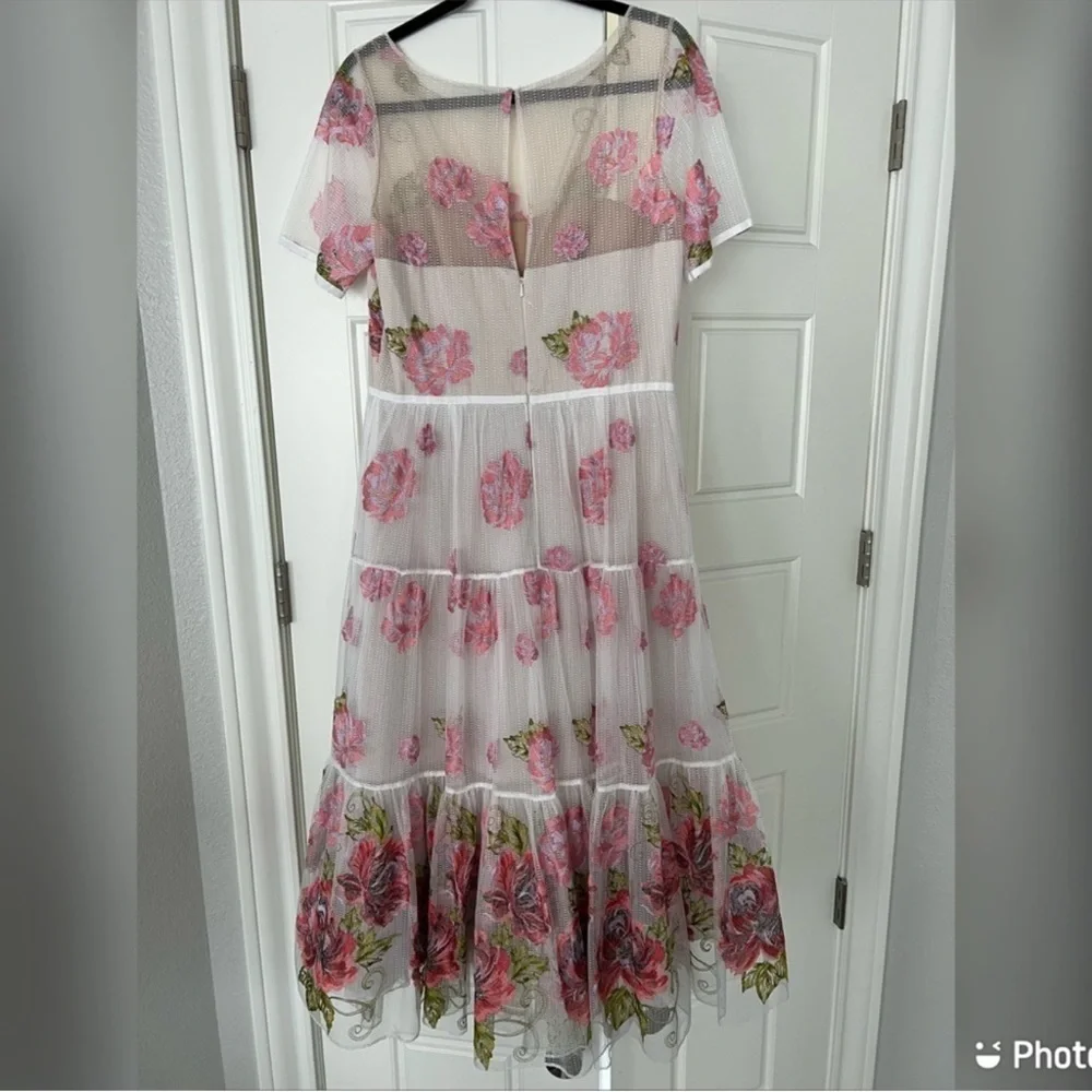 Marchesa Notte Tiered Embroidered Tulle Midi Dress - Picture 5 of 12